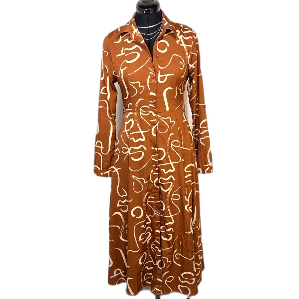 Moon Orchid Rust Abstract Print Long Sleeve Shirtdress